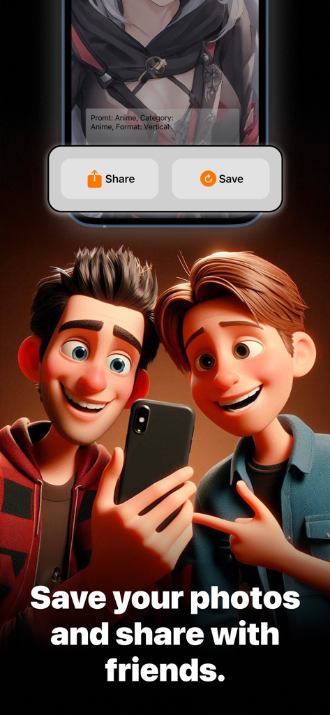 AI Art Image Generator LUX - Two animated friends sharing an AI generated wallpaper on a smartphone