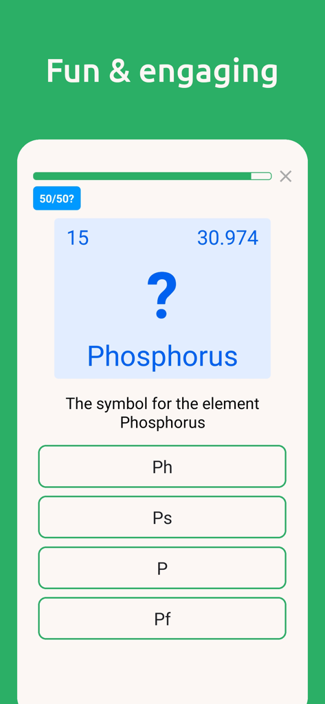 Mobile app screenshot of a periodic table quiz asking for the chemical symbol of Phosphorus with four multiple choice options