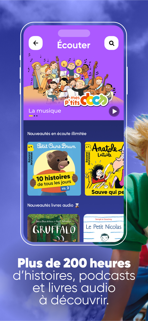 BayaM : Podcasts, jeux & films - Interface de l'application BayaM montrant une variété d'histoires audio, de podcasts et d'albums de musique pour enfants