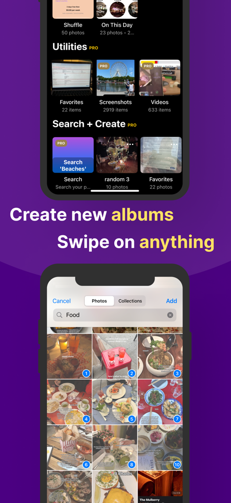 Photo Dump AI - Interface do aplicativo Photo Dump AI mostrando recursos de criação de álbuns e uma grade de fotos pesquisável em duas telas de smartphone