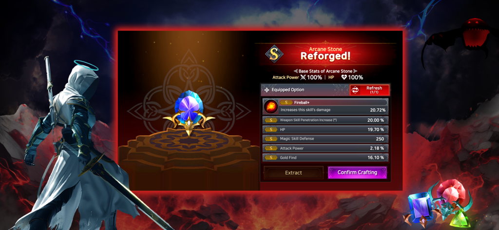 Immortal Rising 2 Menü, das einen arkane Stein zeigt, der mit verschiedenen Stat-Boni und Handwerksoptionen neu geschmiedet wurde