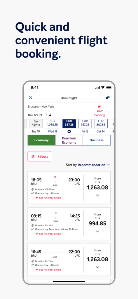 Brussels Airlines app interface showing flight search results and prices for a route from Brussels to New York.