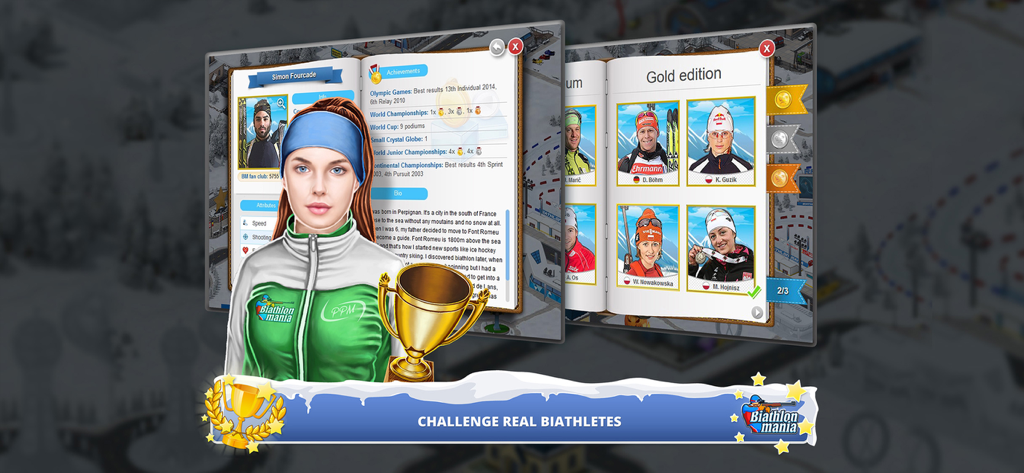 A female biathlete character holding a gold trophy in front of real athlete profile cards in the Biathlon Mania game interface