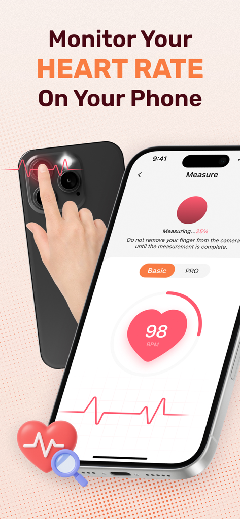 Health Tracker: Heart Rate Log - Uma pessoa medindo sua frequência cardíaca colocando o dedo na lente da câmera do smartphone