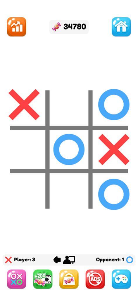 Tic Tac Toe: XOXO - Mobile gameplay screen of Tic Tac Toe XOXO showing a match with red X and blue O symbols on a clean white grid