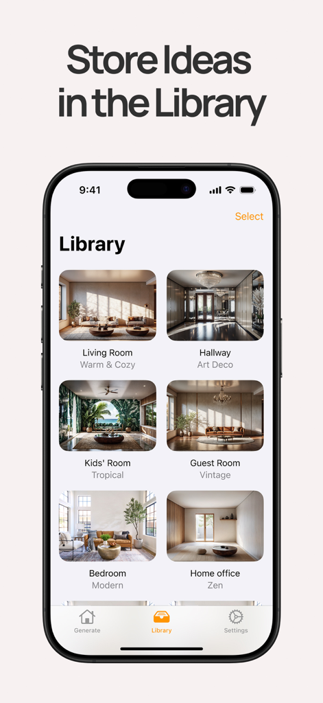 Écran de la bibliothèque dans l'application Aalto montrant divers styles de design d'intérieur enregistrés