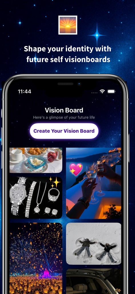 ライフスタイルのマニフェステーション画像を表示する、引き寄せの法則 MetaMorphアプリのビジョンボード機能