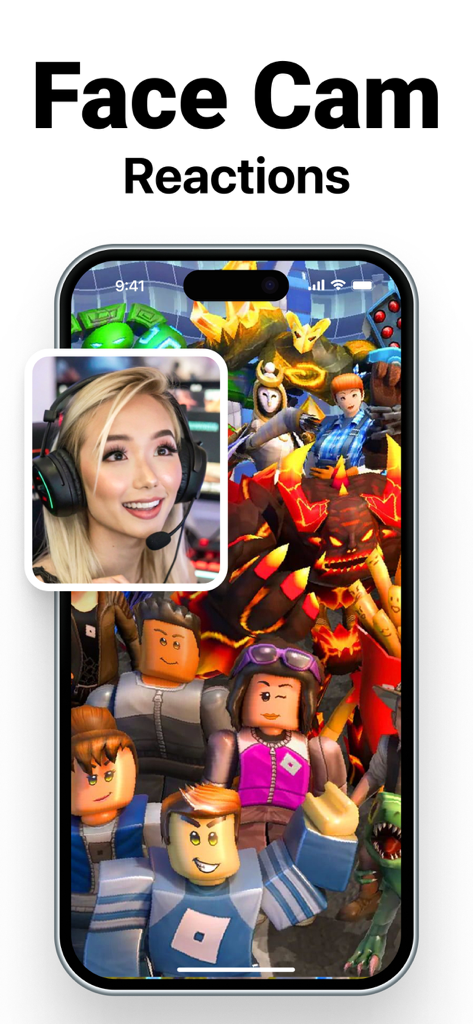 iPhone screen showing a screen recording of a mobile game with a face cam reaction overlay of a gamer girl in the corner.