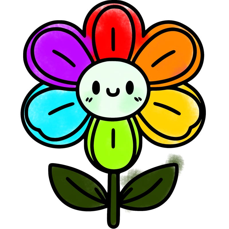 flower with 7 petals with face and body with petals on head