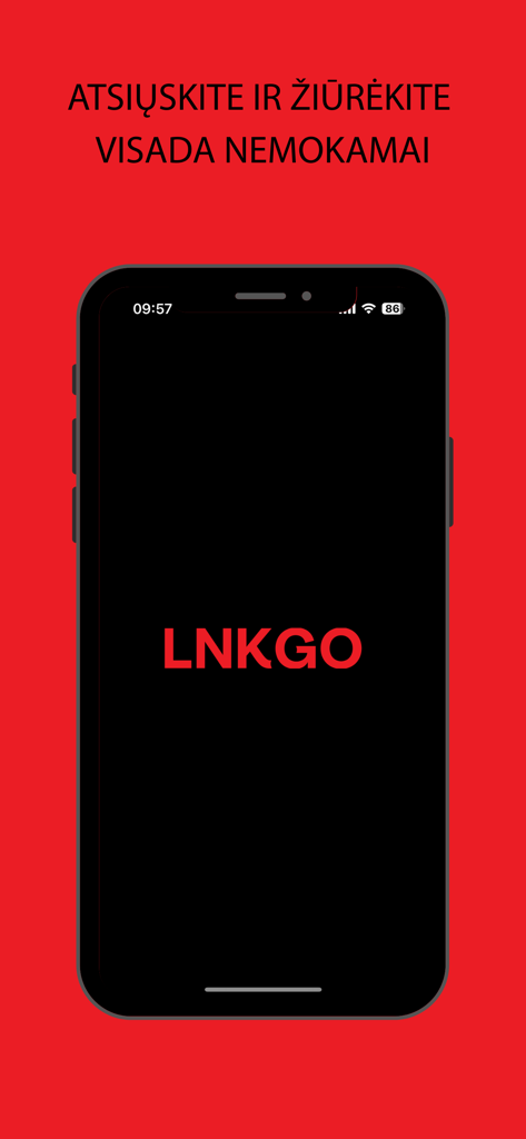LNK GO mobile app splash screen displaying the brand logo and Lithuanian text for free video streaming