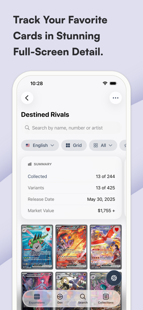 Sfera: for TCG collectors - Sfera app interface showing a summary of Pokémon TCG collection progress and live market value