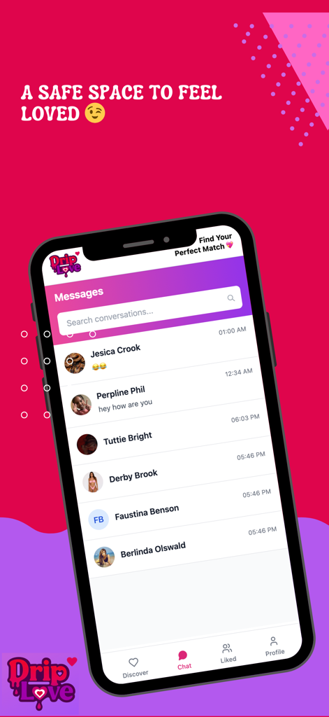 Driplove - The chat interface of the Driplove app showing several active message threads
