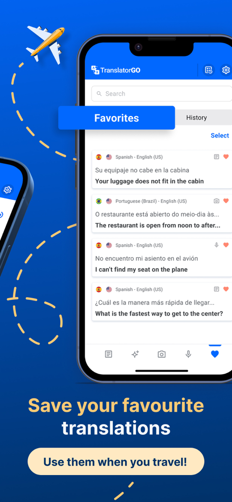 Translator GO app screen showing a list of favorite saved translations for travelers.