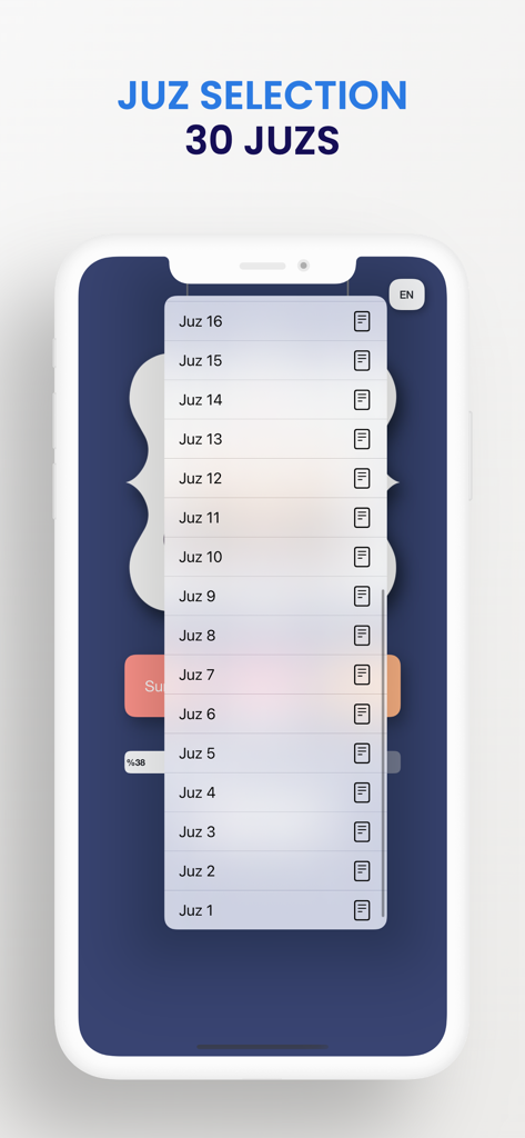 Quran Time - Captura de tela da interface do aplicativo Quran Time mostrando o menu de seleção de Juz com 30 capítulos para navegação rápida.