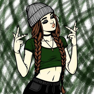 realistic teenage girl with braids and a beanie and crop top doing 🫶🏼