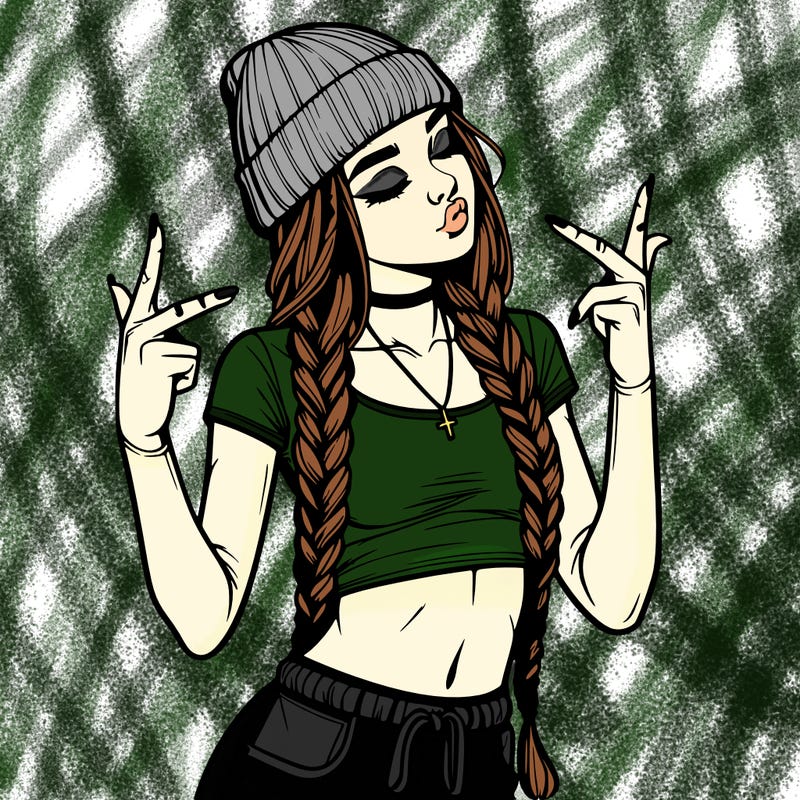 realistic teenage girl with braids and a beanie and crop top doing 🫶🏼