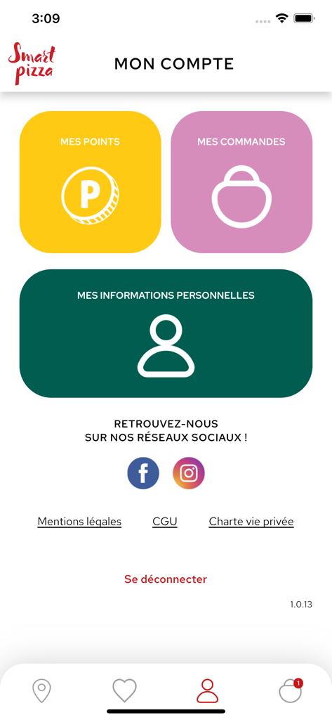 Smart Pizza - Smart Pizza app account interface showing sections for loyalty points, orders, and personal info.