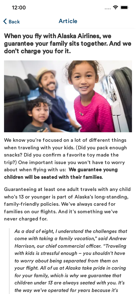 Team AAG app screenshot showing an internal news article about Alaska Airlines family seating policy