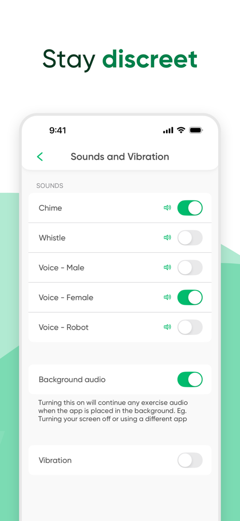 Einstellungen-Bildschirm der Kegel Trainer App mit diskreten Audio- und Vibrationsoptionen für private Beckenbodentrainings.