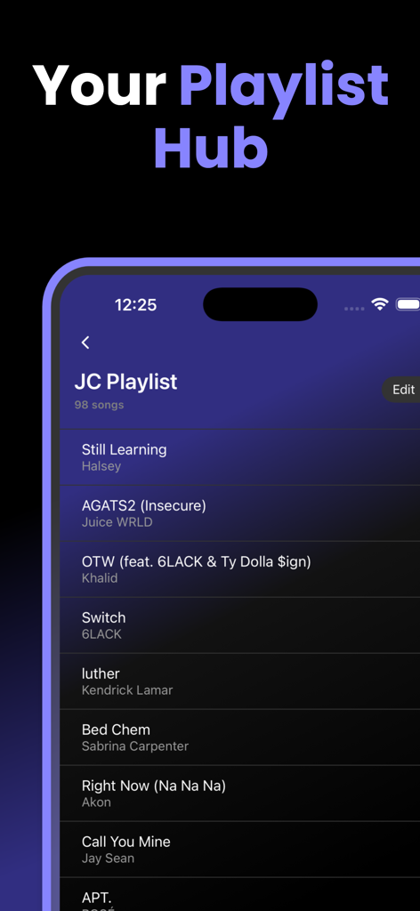 MuseTube: Music Streaming - Interfaz de la aplicación MuseTube que muestra una lista de reproducción de música personalizada titulada Lista de Reproducción JC con una lista de canciones de varios artistas