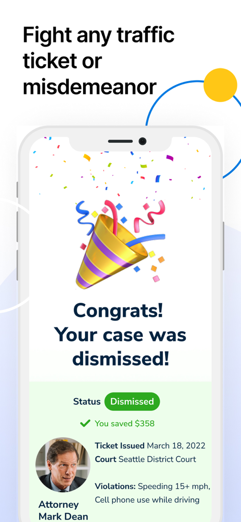 Off The Record: Ticket Lawyer - Off The Recordアプリのスクリーンショットで、弁護士の詳細と節約額とともに交通違反切符のケースが正常に却下されたことを示しています