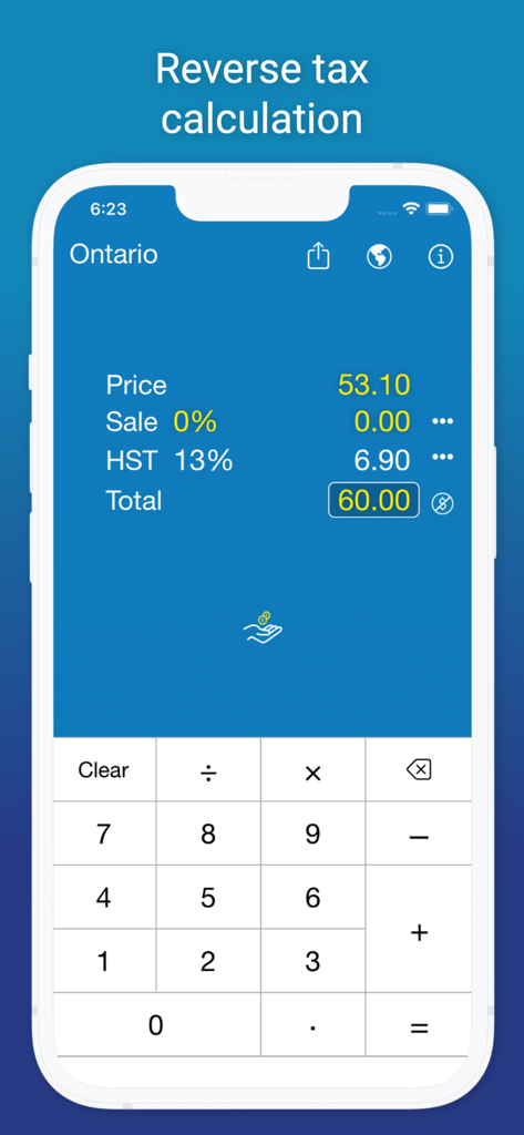 Mobile app screen showing reverse tax calculation for Ontario with total price and 13 percent HST breakdown