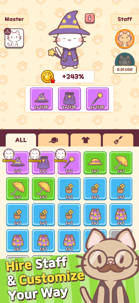 Meow Meow Cafe: Idle food Bar - A customization screen in Meow Meow Cafe showing a white cat wearing a purple wizard costume with various accessory options