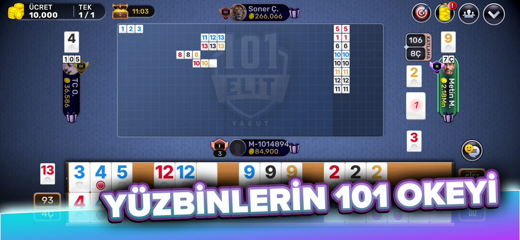 101 Yüzbir Okey Elit - Gameplay interface of 101 Yüzbir Okey Elit showing organized numbered tiles and player avatars