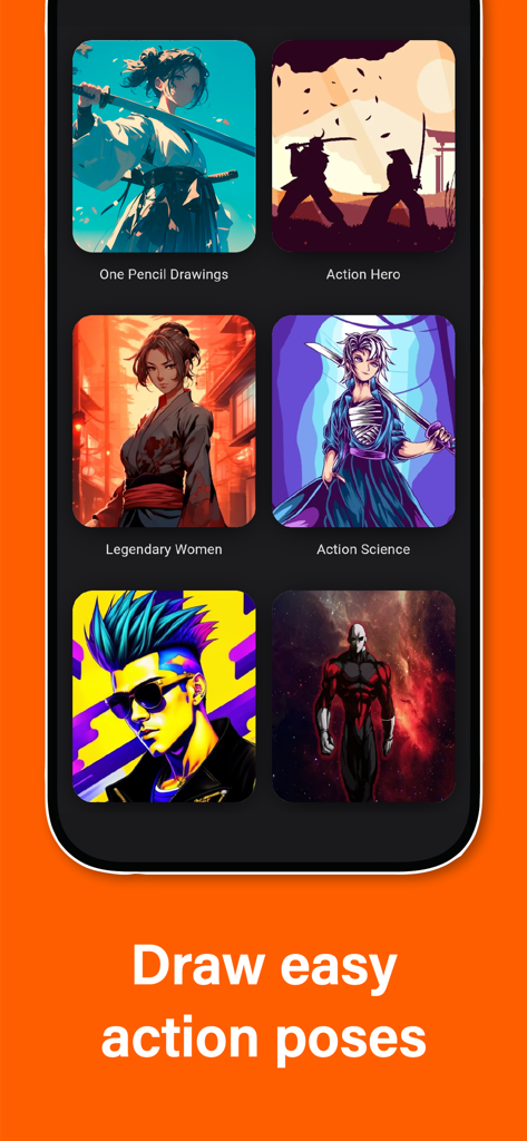 Draw Anime- Learn step by step - App interface showing anime drawing categories for action poses and characters