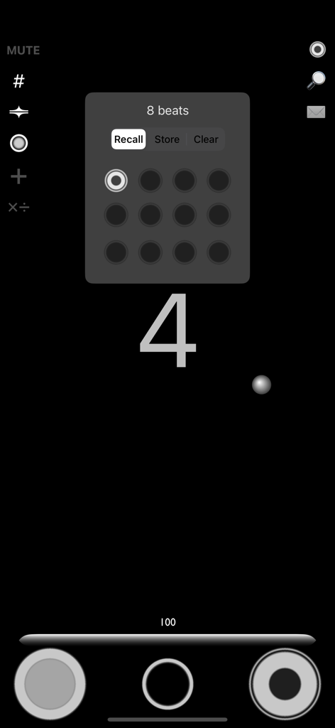 Pantalla de la aplicación Tala Keeper que muestra un metrónomo visual con una bola rebotadora y un menú de patrón de tiempos