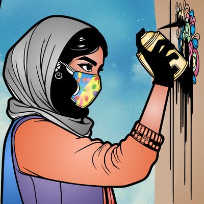 realistic girl with mask spray painting a wall