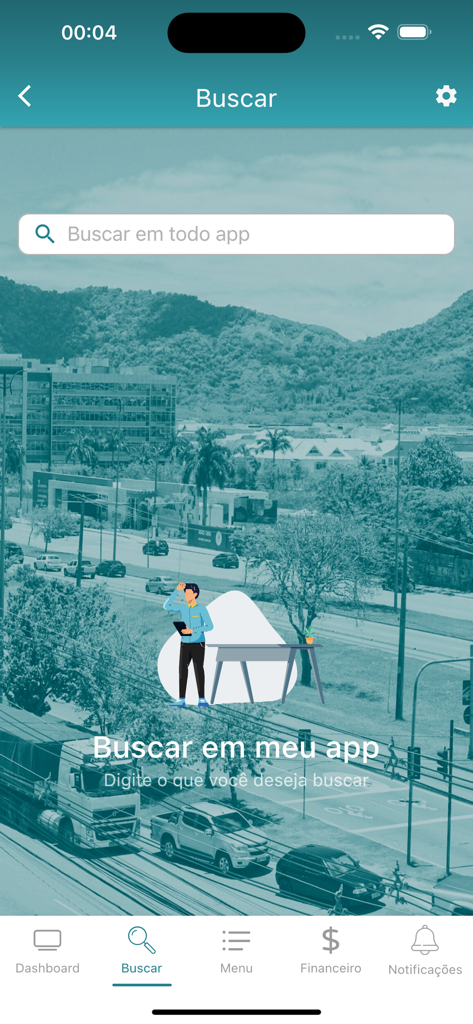 Claudio Morais Administração - Search screen of the Claudio Morais Administracao app showing a search bar and bottom navigation menu over a city landscape.