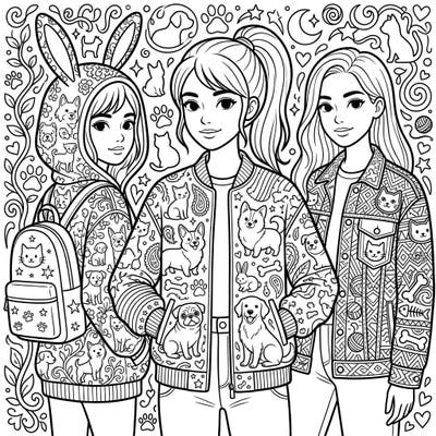 Unleash your creativity with this trendy coloring page designed for teens who love fashion and pets. Adorn three stylish friends in their favorite pet-themed outerwear, from jackets with playful puppies to hoodies with cute cats.