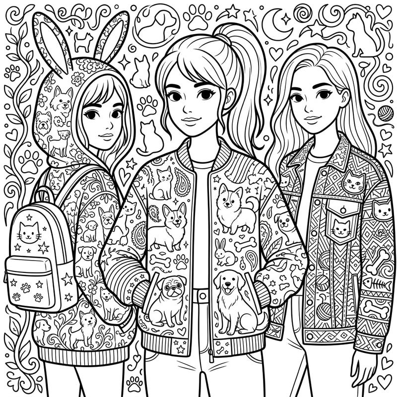 Unleash your creativity with this trendy coloring page designed for teens who love fashion and pets. Adorn three stylish friends in their favorite pet-themed outerwear, from jackets with playful puppies to hoodies with cute cats.