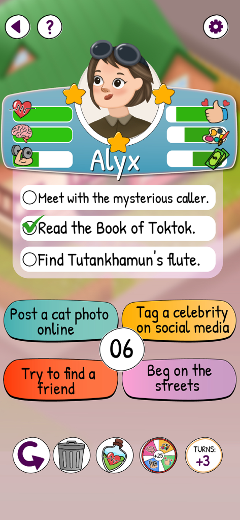 Life Choices 2: Life Simulator - Gameplay screen of Life Choices 2 showing character Alyx with stats and various life decision buttons