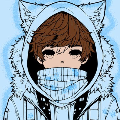 a realistic boy with wolf ears wearing a hoodie and scarf over mouth