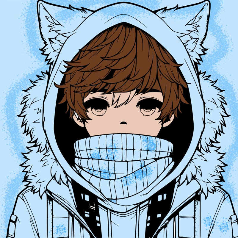 a realistic boy with wolf ears wearing a hoodie and scarf over mouth