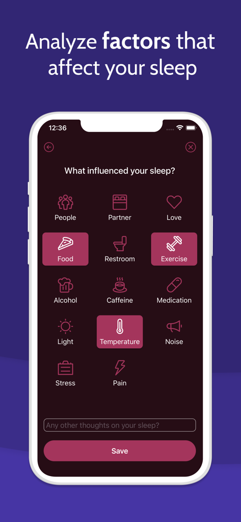 Eine mobile App-Oberfläche zur Verfolgung täglicher Faktoren, die die Schlafqualität beeinflussen, wie Bewegung, Ernährung und Koffein.