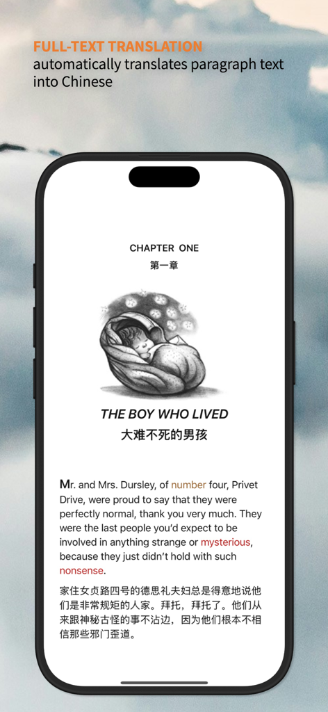 TingYue App zeigt englischen Text mit chinesischer Übersetzung nebeneinander auf einem iPhone an