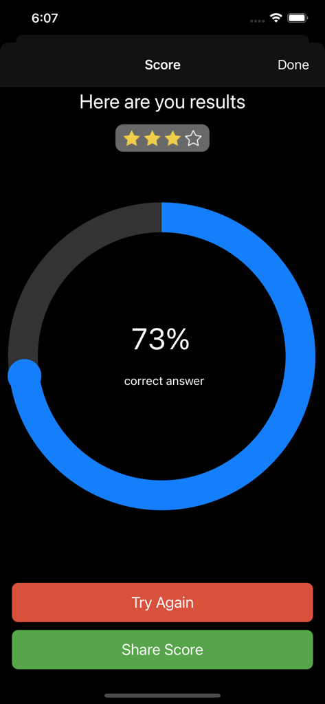 ATR 72 simulator checklist quiz results screen showing a seventy-three percent score