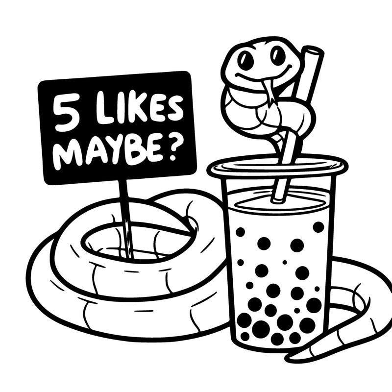 a yellow snake curled around boba tea 🧋 next to the snake is a sign that says 5 likes maybe