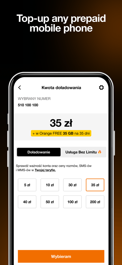 Mój Orange - Una interfaz móvil para la aplicación Moj Orange que muestra varias opciones de cantidad para recargar el saldo de un teléfono prepago