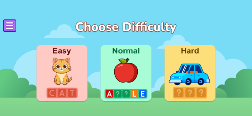 Spelling - Vocabulary A to Z - Pantalla de selección de dificultad con modos fácil, normal y difícil para niños que aprenden a deletrear