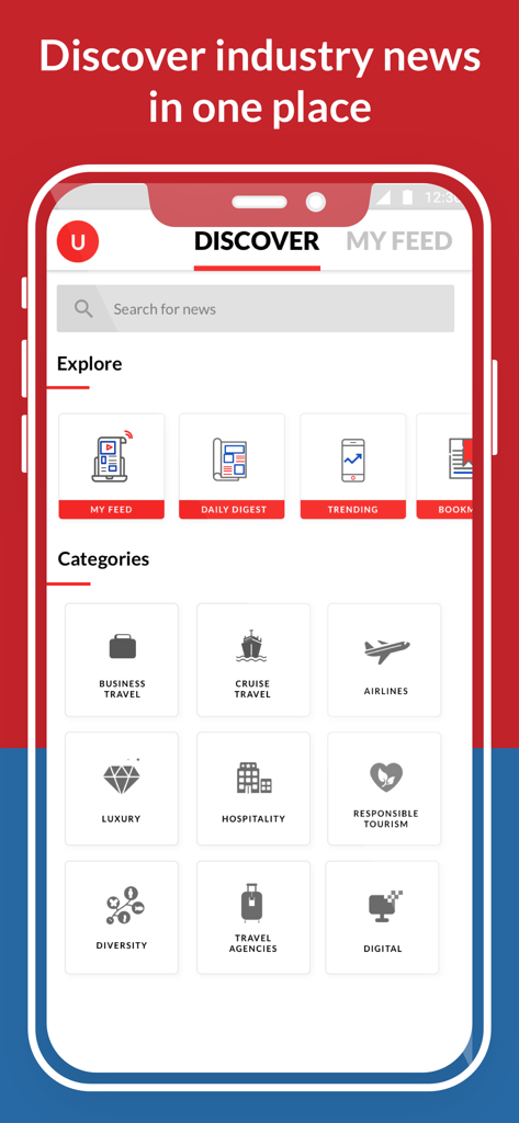Travel News Digest - The Discover screen of the Travel News Digest app displaying various travel industry news categories like Airlines, Hospitality, and Business Travel.
