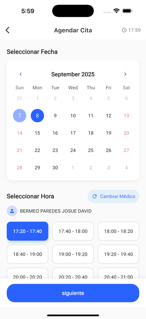 Medilink mobile app interface for scheduling a medical appointment featuring a calendar and time slots.