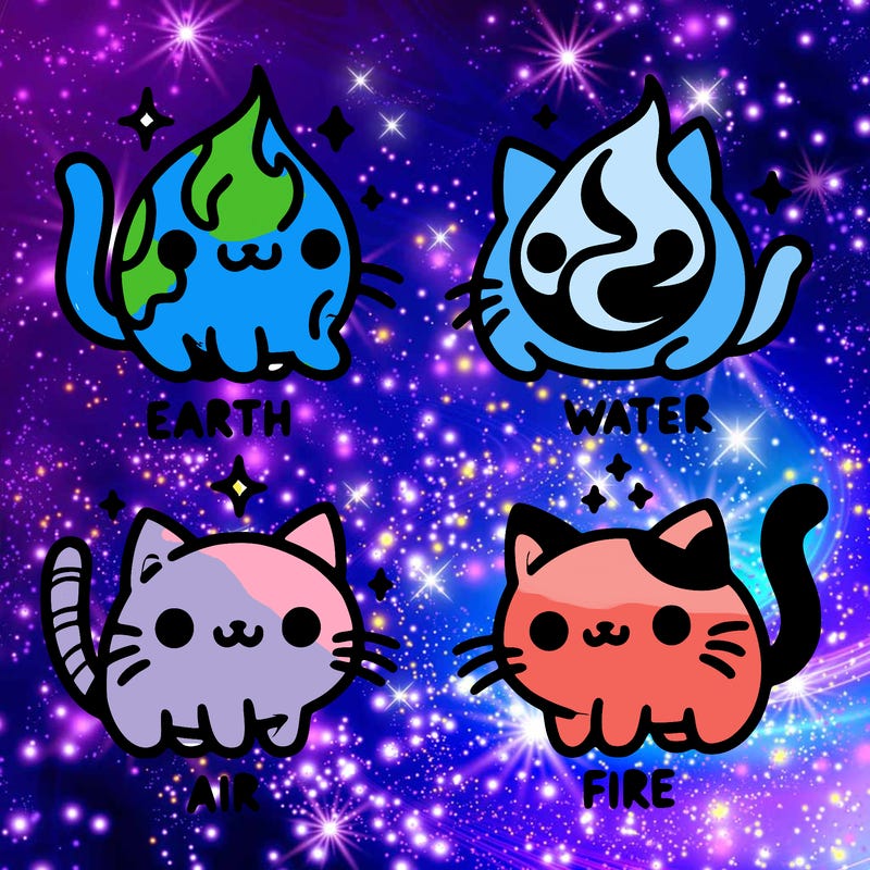 4 cats that represent the different elements, earth, water, air, and fire