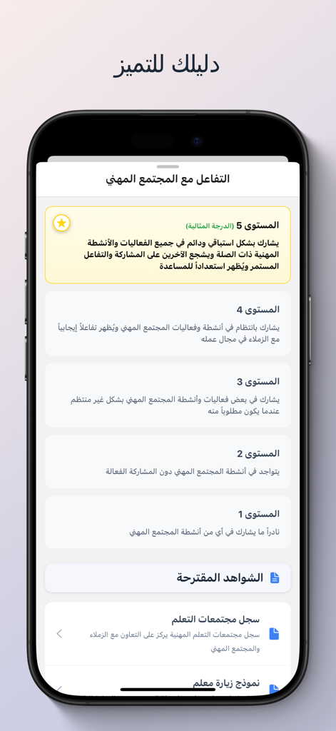 أداة بيان - Bayan Tool app screenshot showing teacher evaluation levels for professional community interaction in Arabic.
