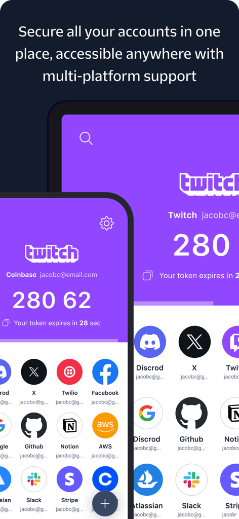 Twilio Authy app interface showing two factor authentication codes and account integration on multiple devices