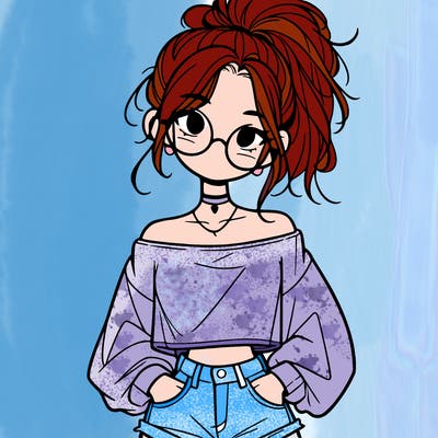 girl with a messy ponytail glasses a baggy crop top and jean shorts