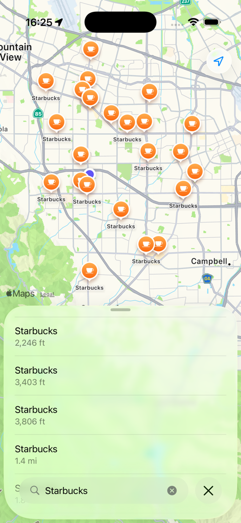 Simple Direction Navigator - Map view showing several Starbucks locations with distances in the Simple Direction Navigator app